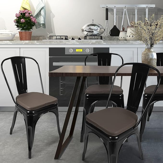 SINOSSO Modern Faux Leather 14" Metal Chair Cushions Set of 4, Leathaire Magnetic Chair Pads for Dining Kitchen Cafe Bistro Stackable Chairs (U-Shape, Brown, 4)