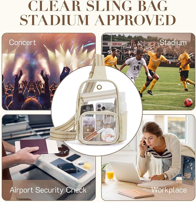 This clear crossbody bag is perfect for concerts, stadiums, and other events. It's lightweight, compact, and meets most clear bag policies.