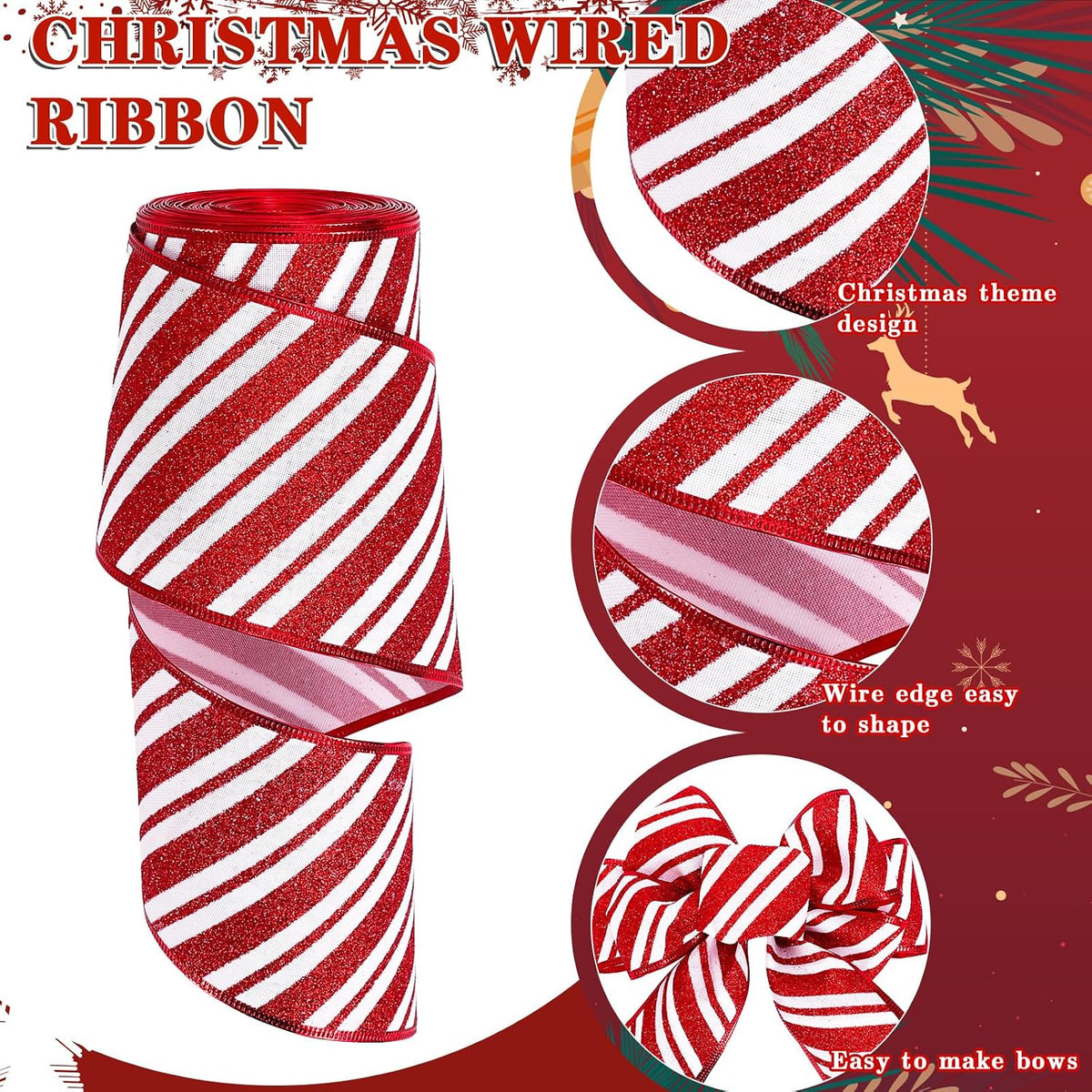 Whaline Christmas Candy Wired Edge Ribbon Peppermint Stripe Glitter Fabric Craft Ribbon for Xmas Tree Bow Wreath Gift Wrap Holiday Party Home Decor, 2.5 Inch