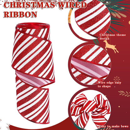 Whaline Christmas Candy Wired Edge Ribbon Peppermint Stripe Glitter Fabric Craft Ribbon for Xmas Tree Bow Wreath Gift Wrap Holiday Party Home Decor, 2.5 Inch