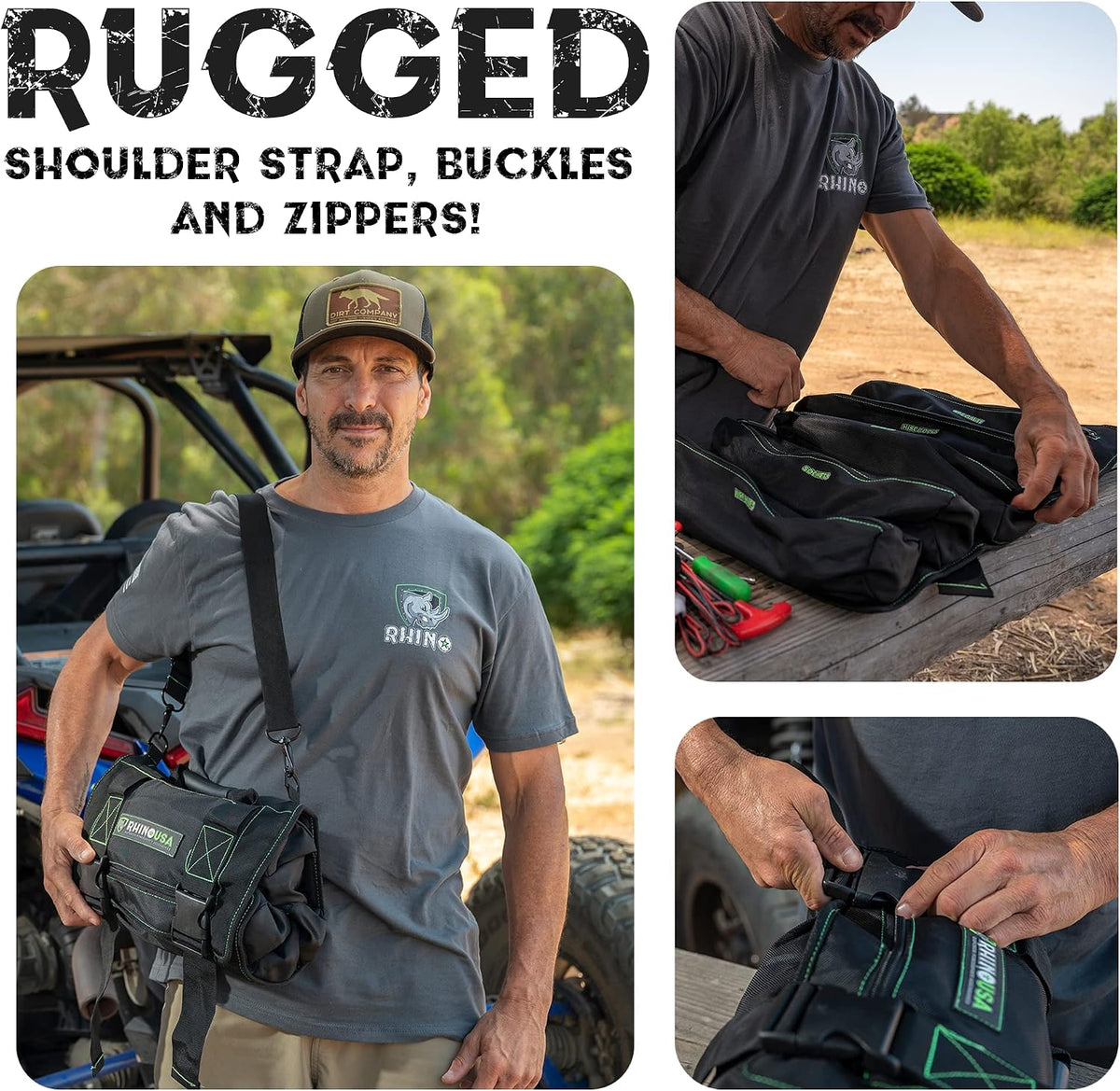 Rhino USA Tool Bag Roll - Heavy Duty Canvas Organizer for Tools Labeled & Removable Pouches for Ultimate Travel Tool Storage. For UTV, Car, Truck, 4x4 Offroad & Garage Use. Black