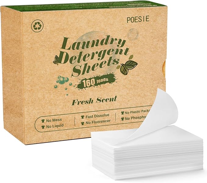Poesie Laundry Detergent Sheets Fresh Scent 160 Sheets Clear Non-Plastic Hypoallergenic Liquid Less Sheets for Home Dorm Travel Camping  Hand Washing Clean No Waste