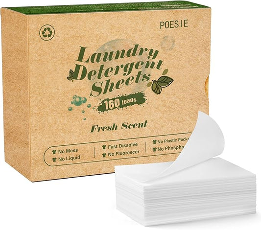 Poesie Laundry Detergent Sheets Fresh Scent 160 Sheets Clear Non-Plastic Hypoallergenic Liquid Less Sheets for Home Dorm Travel Camping  Hand Washing Clean No Waste