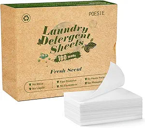 Poesie Laundry Detergent Sheets Fresh Scent 160 Sheets Clear Non-Plastic Hypoallergenic Liquid Less Sheets for Home Dorm Travel Camping  Hand Washing Clean No Waste