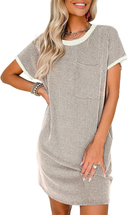 Black With Grey Design on The Collar And Neckline Acelitt Womens Casual Summer Crewneck Short Sleeve Ribbed Mini Tshirt Dress, XS-3XL
