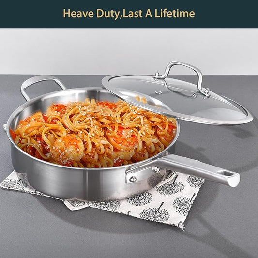 Tri-Ply Stainless Steel Saute Pan 6QT, 12 Inch Deep Frying Pan with Lids, 3-layer Saute Pan with Lid Large Skillet with Stay Cool Handle, Induction Pan, Dishwasher and Oven-Safe