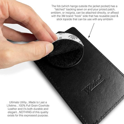 WICKED Pocket Clip for Embroidered Patch Badge, Alumni Insignia, Metal Thread Bullion Emblem Full-Grain Leather, and 2’’ Attached “Loop” Backing with Multi-Use Peel & Stick Adhesive Hook (1)