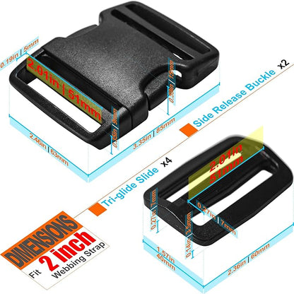 Buckles for 2 inch Wide Webbing Straps: Quick Side Release Buckle Clip 2 set and Tri-Glide Slide 4 pcs Fit 2" Nylon Web Belt, Plastic Snap Fastener Clip Heavy Duty Replacement Dual Adjustable