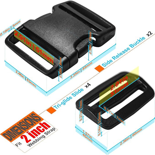 Buckles for 2 inch Wide Webbing Straps: Quick Side Release Buckle Clip 2 set and Tri-Glide Slide 4 pcs Fit 2" Nylon Web Belt, Plastic Snap Fastener Clip Heavy Duty Replacement Dual Adjustable