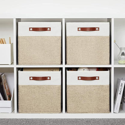 11 inch Open Collapsible Fabric Storage Bins with Vegan Leather Handles, Sturdy Cube Storage Baskets for Shelves, Closet, Nursery, and Home Organization. (White and khaki, (11x11) 4 pack)