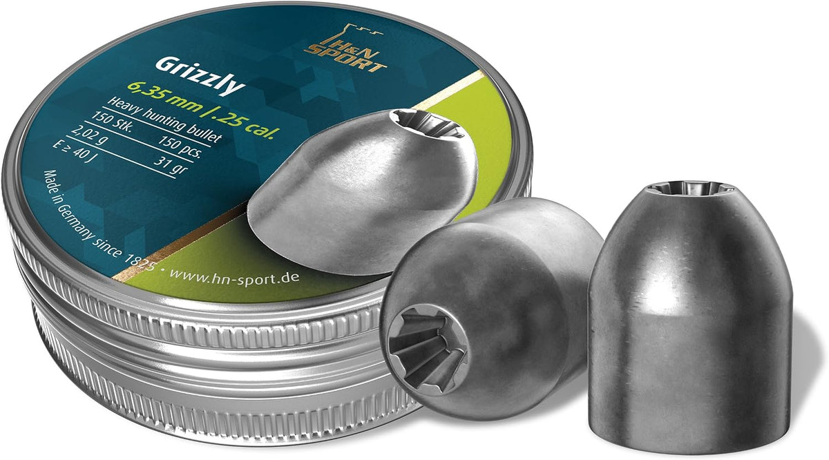 Haendler & Natermann H&N Grizzly Hollowpoint Airgun Pellets, Ultra-Accurate & Heavy-Hitting for Long-Range Hunting .25 Caliber, 31 Grains (150 Count), Model: PY-P-1225