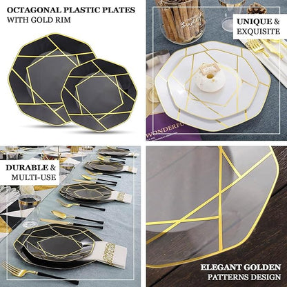 Efavormart 10 Pack | 10" White/Gold Geometric Design Plastic Dessert Plates, Disposable Octagon Salad/Appetizer Party Plates