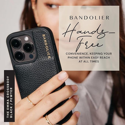 Bandolier Emma Crossbody Wallet Phone Case for iPhone 14 Pro. 100 Genuine Pebble Leather. Adjustable  Removable Crossbody Strap. Card Holder with Snap Closure. Black with Pewter Hardware