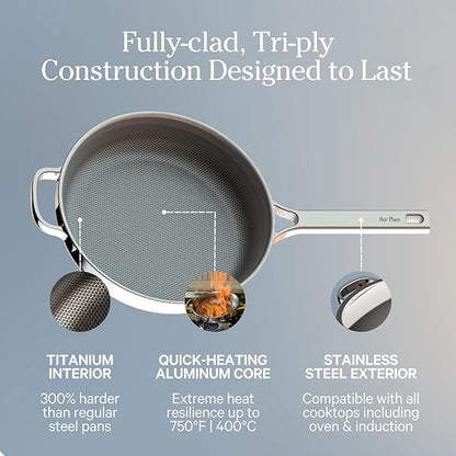 Our Place Titanium Always Pan Pro - 10.6 (2.8 Qt) No-Coating Nonstick Technology  Tri-Ply Titanium  Stainless Steel  Safe for Oven, Induction  Cooktops up to 750F  Beechwood Spatula  Gold