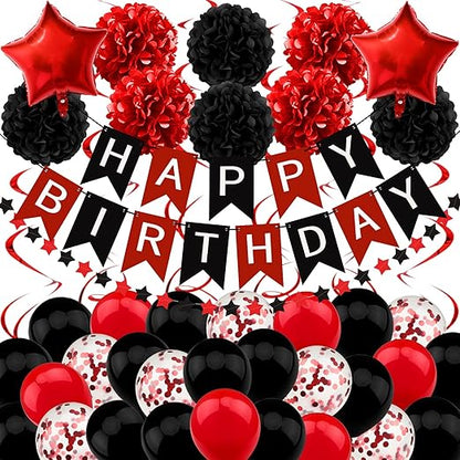 Black and Red Birthday Decorations, Happy Birthday Decorations with Banner for Boys Girls Men Women Birthday Party Decorations Supplies