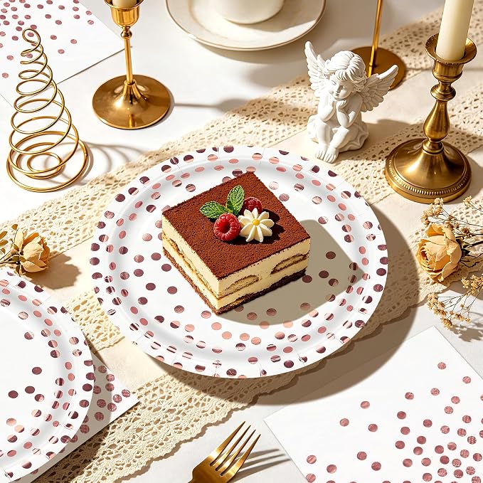 50Pcs White and Rose Gold Paper Plates and Napkins Set - 9 inch Gold Foil Dot Disposable Dessert Party Paper Plates Napkins Party Supplies, for Birthday Baby Shower Weddings, All Occasions Serves 25