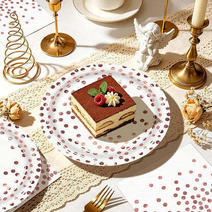 50Pcs White and Rose Gold Paper Plates and Napkins Set - 9 inch Gold Foil Dot Disposable Dessert Party Paper Plates Napkins Party Supplies, for Birthday Baby Shower Weddings, All Occasions Serves 25