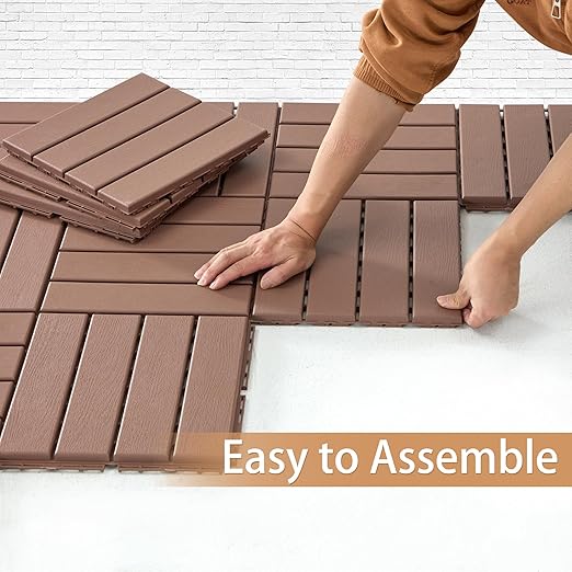 Plastic Interlocking Deck Tiles, 9 Pack Outdoor Flooring Waterproof Pavers for Patio Garden Porch Yard, All Weather Use, Coffee