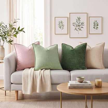 decorUhome Fall Chenille Soft Cozy Throw Pillow Covers 16x16 Set of 2, Modern Farmhouse Boho Velvet Decorative Pillow Cases with Stitched Edge for Couch Sofa Bed Home Decor, Forest Green