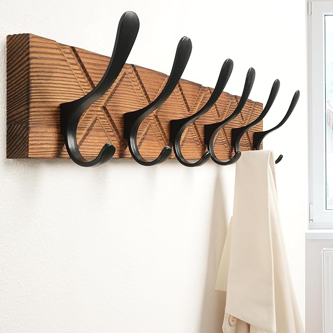 SKOLOO Coat Rack Wall Mount - Antique Wooden Carved- X Cross Coat Hook, Wall Coat Hanger with 6 Hooks for Hanging Coats, Hats, Clothing, Scarfs, Brown & Black