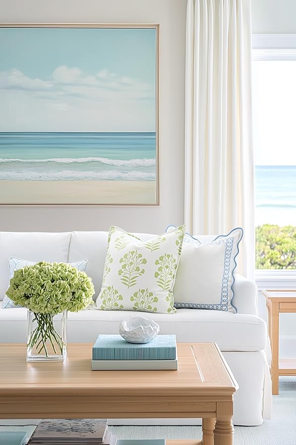 Hofdeco Premium Coastal Patio Indoor Outdoor Scalloped Lumbar Pillow Cover Only, 12"x20" Water Repellent for Backyard, Couch, Baby Blue Embroidered Begonia Pattern Chain Frame
