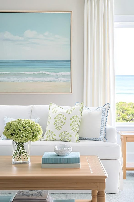 Hofdeco Premium Coastal Patio Indoor Outdoor Scalloped Lumbar Pillow Cover Only, 12"x20" Water Repellent for Backyard, Couch, Baby Blue Embroidered Begonia Pattern Chain Frame