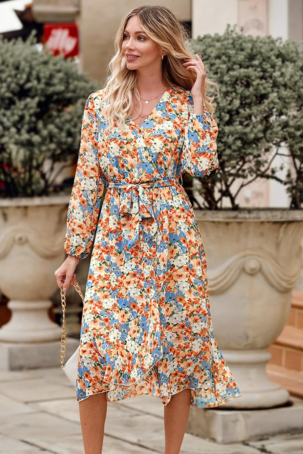 PRETTYGARDEN Women's Floral Boho Dress Fall Long Sleeve Wrap V Neck Ruffle Flowy Maxi Spring Wedding Guest Vacation Dresses