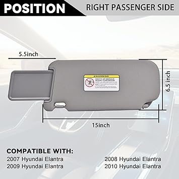 Elantra Sun Visor US Version Right Passenger Side Fit for 2007-2010 Hyundai Elantra Replace OE 852022H0208M Gray Fabric (Right Passenger Side)