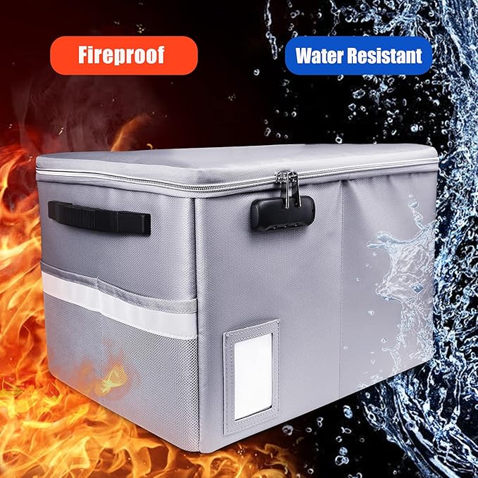 File Box with Lock, Fireproof Document Box File Organizer Box, Portable Office Collapsible File Storage with Reflective Strip for Hanging LetterLegal Size FolderCertificate