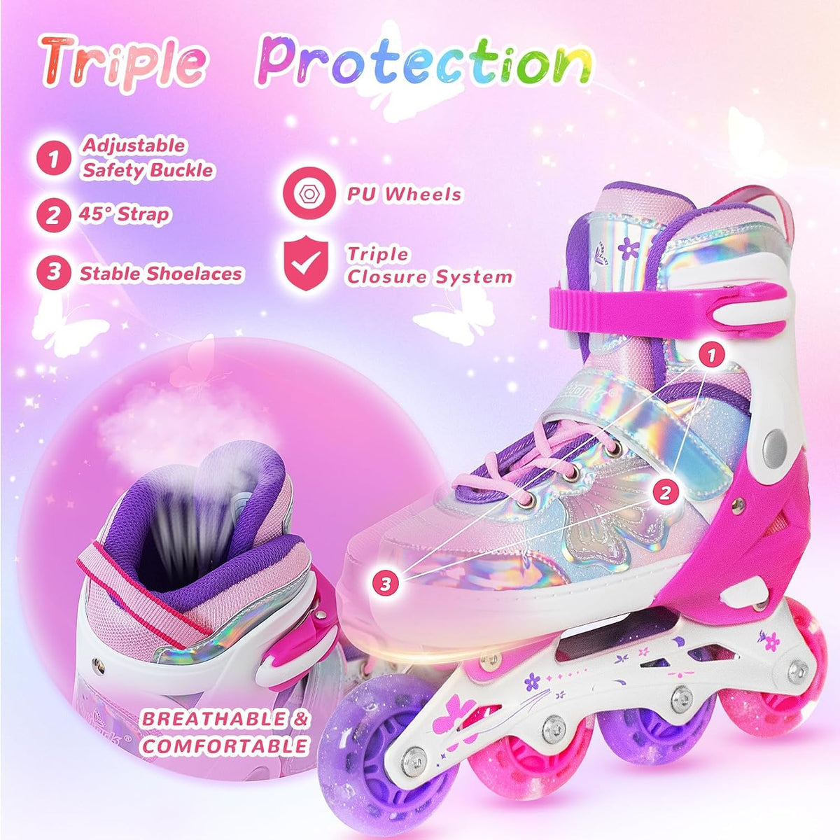 Girls Inline Skates for Kids Boys, Size 5-8 (L) Adjustable Butterfly Blades Skates with All Light up Wheels - Birthday Gift for Indoor Outdoor Sports