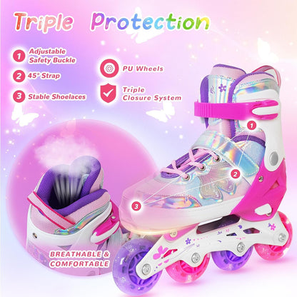 Girls Inline Skates for Kids Boys, Size 5-8 (L) Adjustable Butterfly Blades Skates with All Light up Wheels - Birthday Gift for Indoor Outdoor Sports