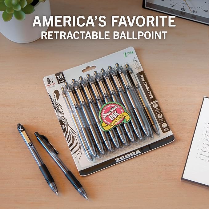 Zebra Pen Z-Grip Retractable Ballpoint Pen, Medium Point, Black Ink, Model Number: 22218, 18-Pack (22218)
