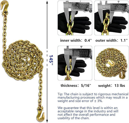 516 Chain Trailer Chains with Hooks, Grade 80 Tow Log Chain 4900 lbs Working Load for Truck Farm Construction(516 in x 12FT)