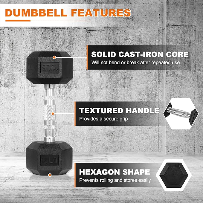 Hex Dumbbells Rubber Coated Hand Weights Pairs for Exercises and Fitness, Multiple Sizes