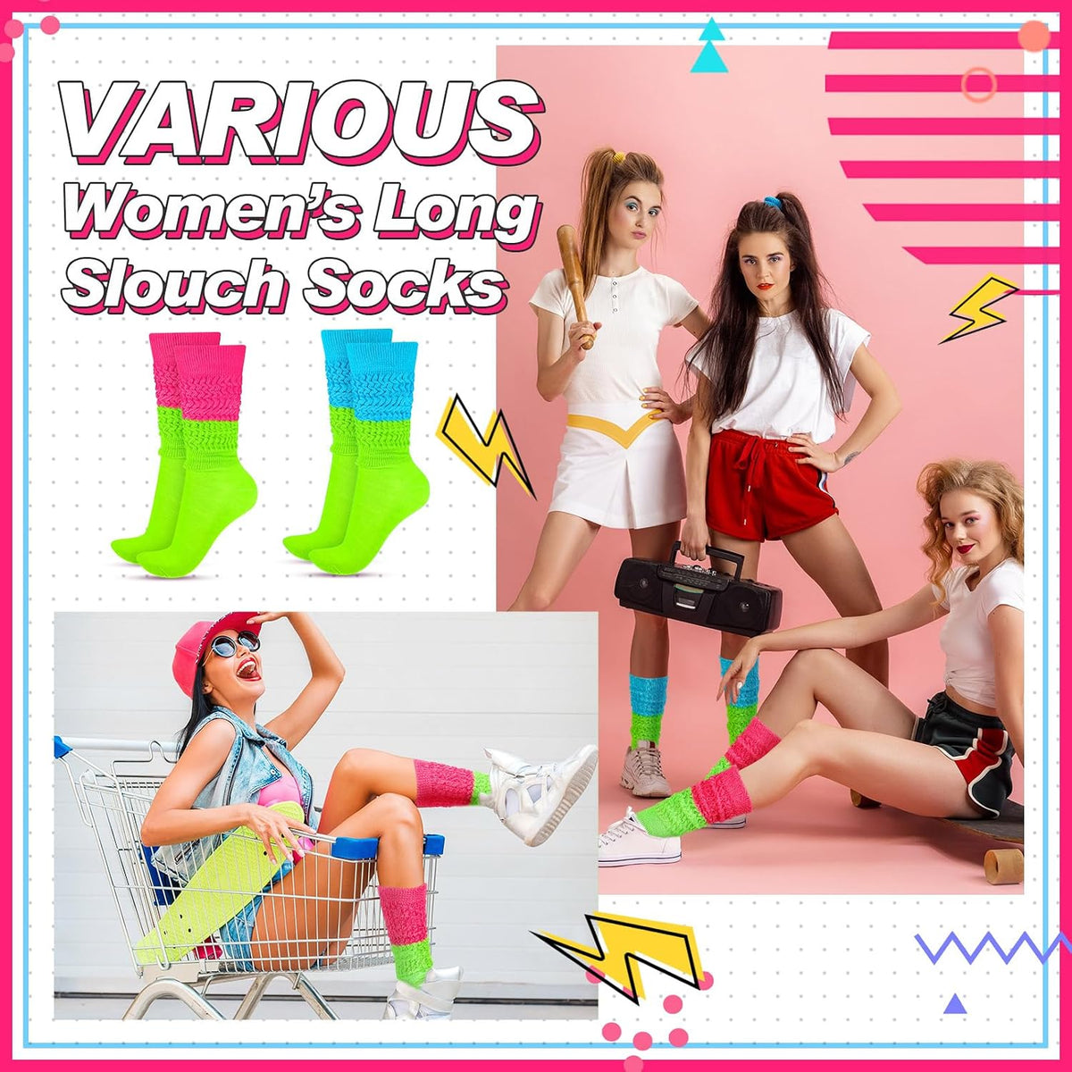 JenPen 2 Pairs Neon Slouch Socks for Women, 80s 90s Scrunch Knee High Socks Forfor 80s 90s Party Extra Long