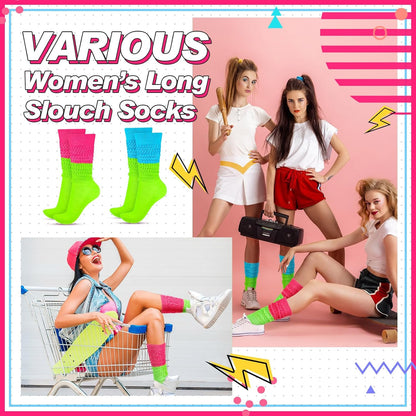 JenPen 2 Pairs Neon Slouch Socks for Women, 80s 90s Scrunch Knee High Socks Forfor 80s 90s Party Extra Long