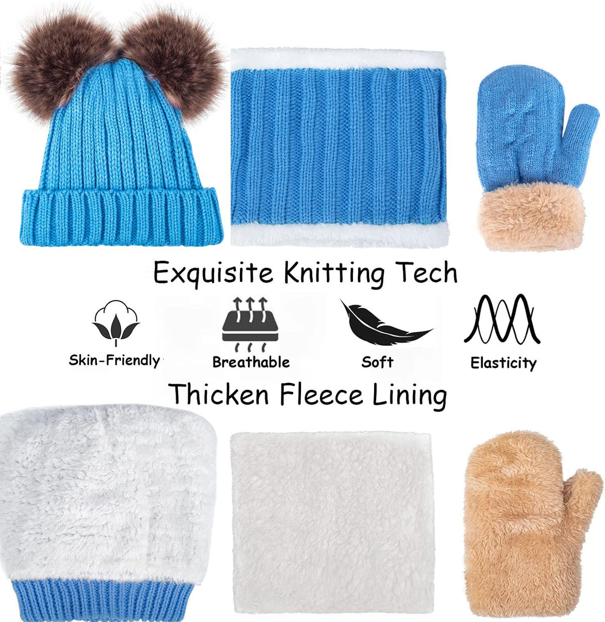 Kids Winter Beanie - Thermal Fleece Lined Knit Hat, Soft Neck Warmer Girls & Boys 1-10 Years (Mittents NOT Included)
