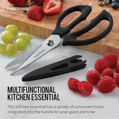 Farberware 4 in 1 Multipurpose Stainless Steel Kitchen Scissors with Blade Cover, Black