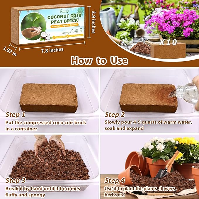 Legigo Pack of 10 Organic Coco Coir Bricks- 100 Natural Compressed Coco Peat Brick Coconut Fiber Substrate with Low ECpH Balance, Plant Soil Enhance Root Growth for Herbs, Flowers, House Plants