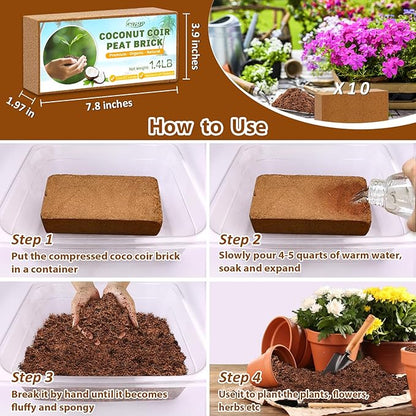 Legigo Pack of 10 Organic Coco Coir Bricks- 100 Natural Compressed Coco Peat Brick Coconut Fiber Substrate with Low ECpH Balance, Plant Soil Enhance Root Growth for Herbs, Flowers, House Plants