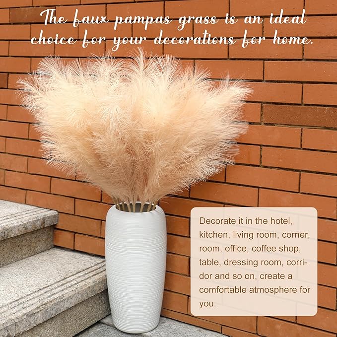 Ouddy Decor 8 Pcs Faux Pampas Grass Decor 38''/97cm Tall Artificial Large Pompous Pompas Floral Fluffy Fake Plants Floor Vase Filler for Wedding Kitchen Home Boho Decorations, Deep Beige