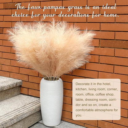 Ouddy Decor 8 Pcs Faux Pampas Grass Decor 38''/97cm Tall Artificial Large Pompous Pompas Floral Fluffy Fake Plants Floor Vase Filler for Wedding Kitchen Home Boho Decorations, Deep Beige
