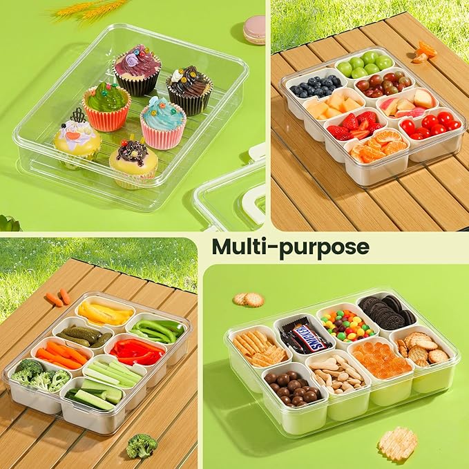 Portable Snackle Box Container, Divided Snack Tray with Lid and Handle, Clear Snack Box Container with 8 Compartments