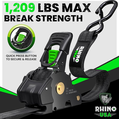 Rhino USA Retractable Ratchet Straps (4-Pack) - 1in x 10ft, Black 1,209lb Break Strength, Auto Self Retracting Design. For Truck, Cargo Trailer, Motorcycle, ATV & UTV Tie Downs. Black