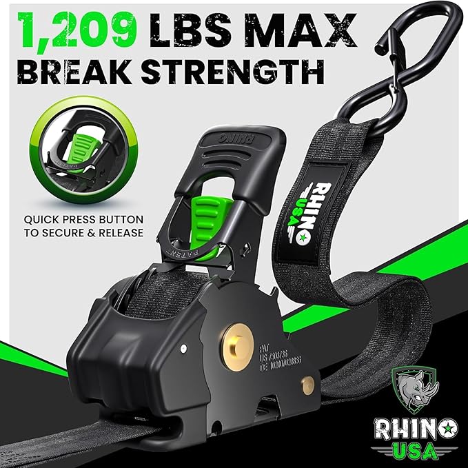 Rhino USA Retractable Ratchet Straps (4-Pack) - 1 Inch x 10 Feet (1,209lb Break Strength) - Heavy Duty Auto Self Retracting Tie Down Straps for Truck, Cargo Trailer, Motorcycle, Rad  More - Black