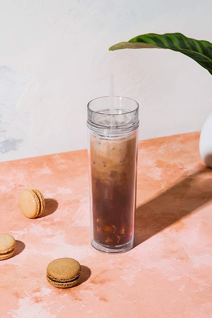 Maars Drinkware Double Wall Insulated Skinny Acrylic Tumblers with Straw and Lid, 16 oz. (4 pack, Clear)