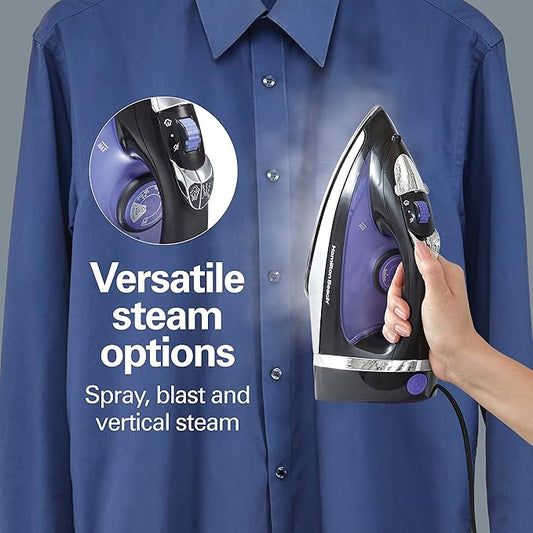 Hamilton Beach Steam Iron for Clothes  Garment Steamer with Smooth Press Stainless Steel Soleplate, 1200 Watts, 8Ao Retractable Cord, Black (14214)