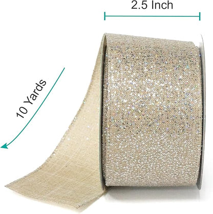 CT CRAFT LLC Sparking Silver Glitter Wired Ribbon 2.5" x 10 Yards TanSilver for Christmas Home Decor Bow Gift Wrapping DIY Crafts Wreath