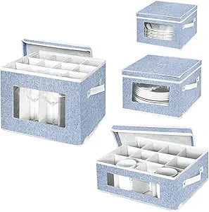 China Storage Containers,Wine Glass Mug Plate Dish Stemware Storage Box with Dividers,Hard Shell Dinnerware Case with 24 Felt Protectors for Crystal Glassware,Coffee Cup,Bowl Packing  Moving (Blue)