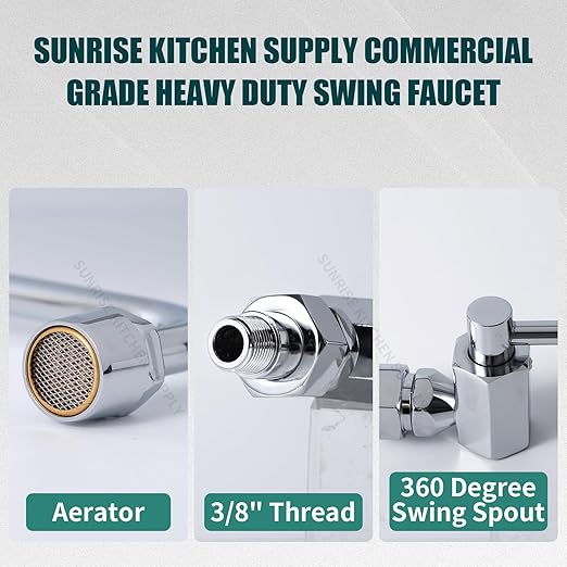 Sunrise Heavy Duty 12" Automatic Water Flow Swing Faucet for Commercial Grade Wok Range, Wall Mounted